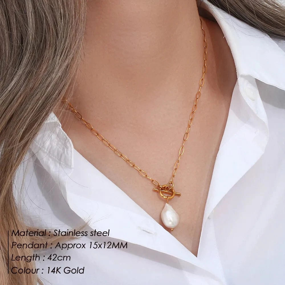 Freshwater Baroque Pearl Necklace for Women Paperclip Chain Necklace Stainless Steel Long Box Square Chain Long Choker