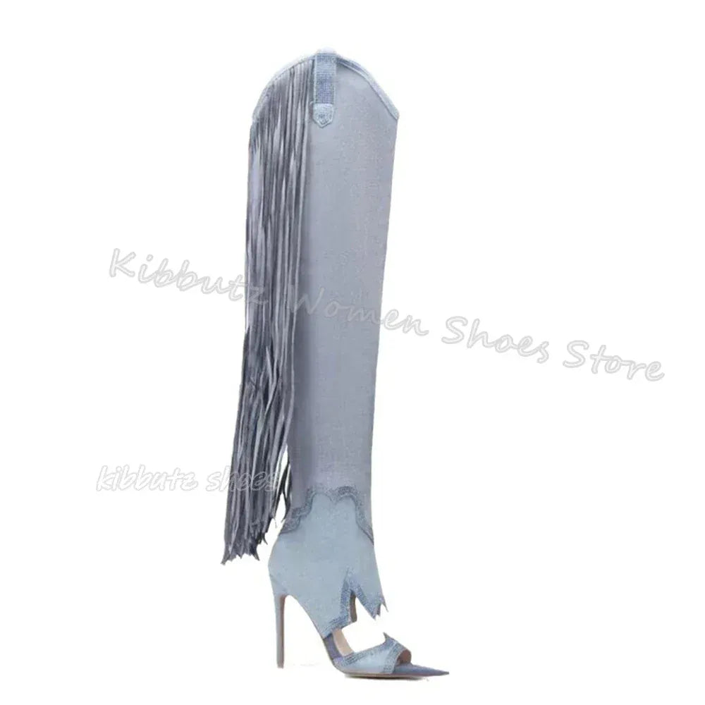 Fringe Over The Knee Sandal Boots Suede Fashion Novelty Sexy Elegant Comfortable Women Shoes New Pointed Toe Thin Heels Slip-On