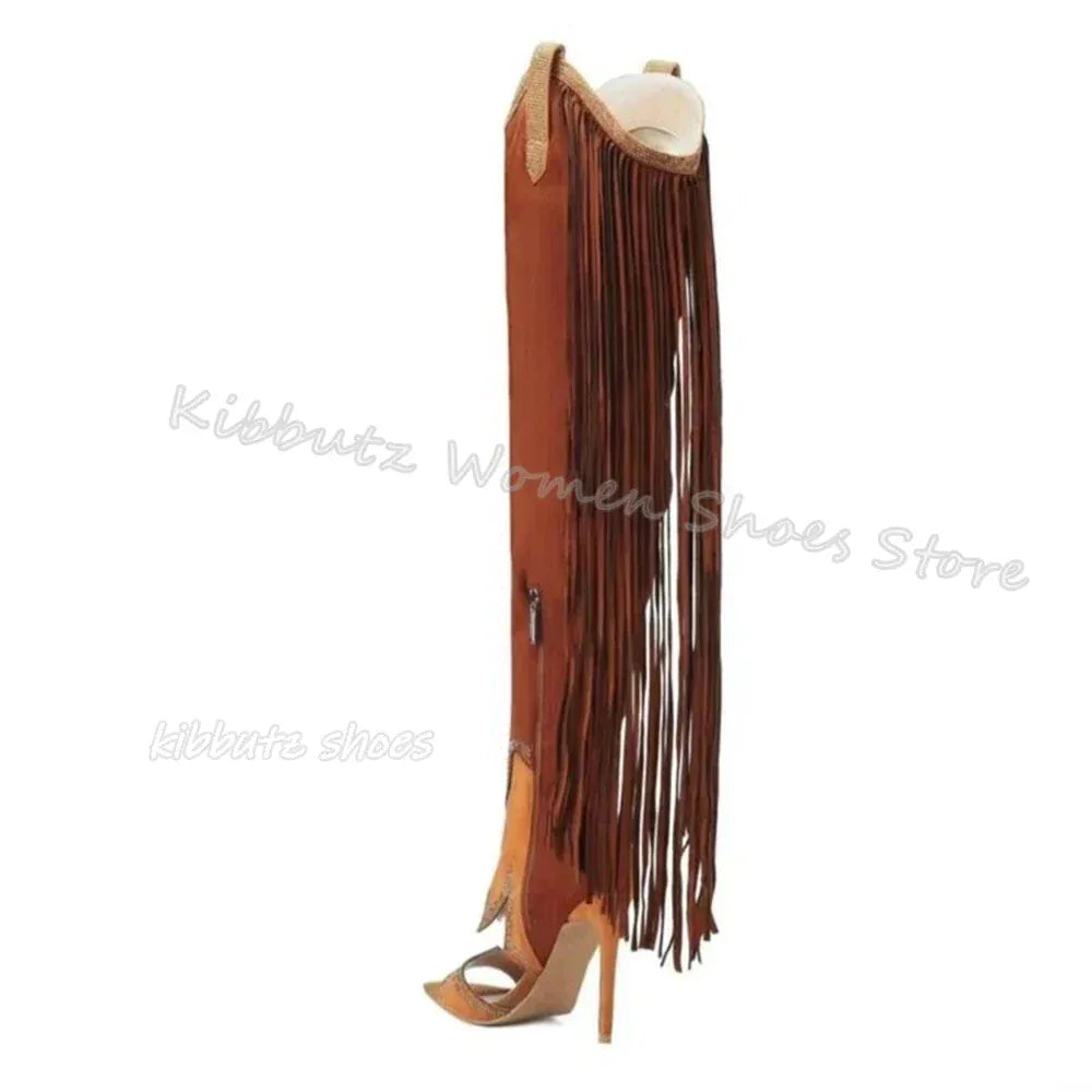 Fringe Over The Knee Sandal Boots Suede Fashion Novelty Sexy Elegant Comfortable Women Shoes New Pointed Toe Thin Heels Slip-On