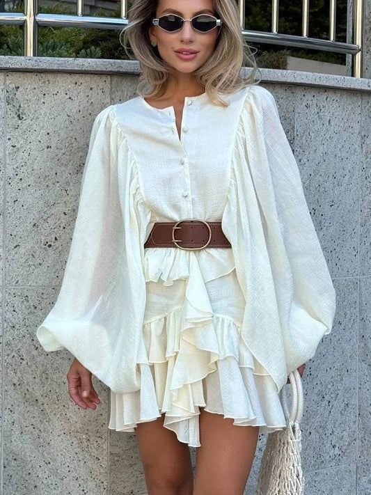 FSMG Elegant Lantern Sleeve Ruffle Edge Mini Dress Casual O Neck Pleated Single Breasted Loose Short Skirt Holiday Banquet Dress