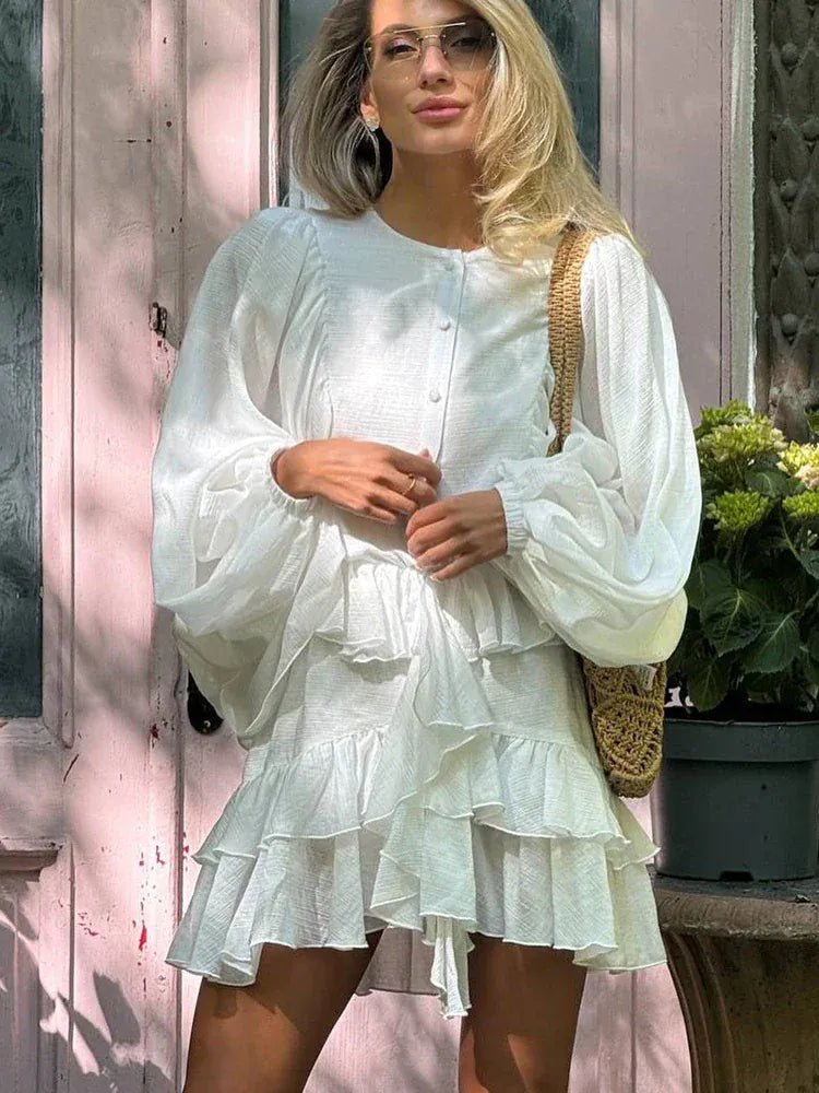 FSMG Elegant Lantern Sleeve Ruffle Edge Mini Dress Casual O Neck Pleated Single Breasted Loose Short Skirt Holiday Banquet Dress - SN Wigs & More