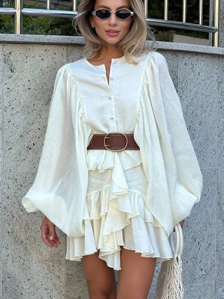 FSMG Elegant Lantern Sleeve Ruffle Edge Mini Dress Casual O Neck Pleated Single Breasted Loose Short Skirt Holiday Banquet Dress - SN Wigs & More
