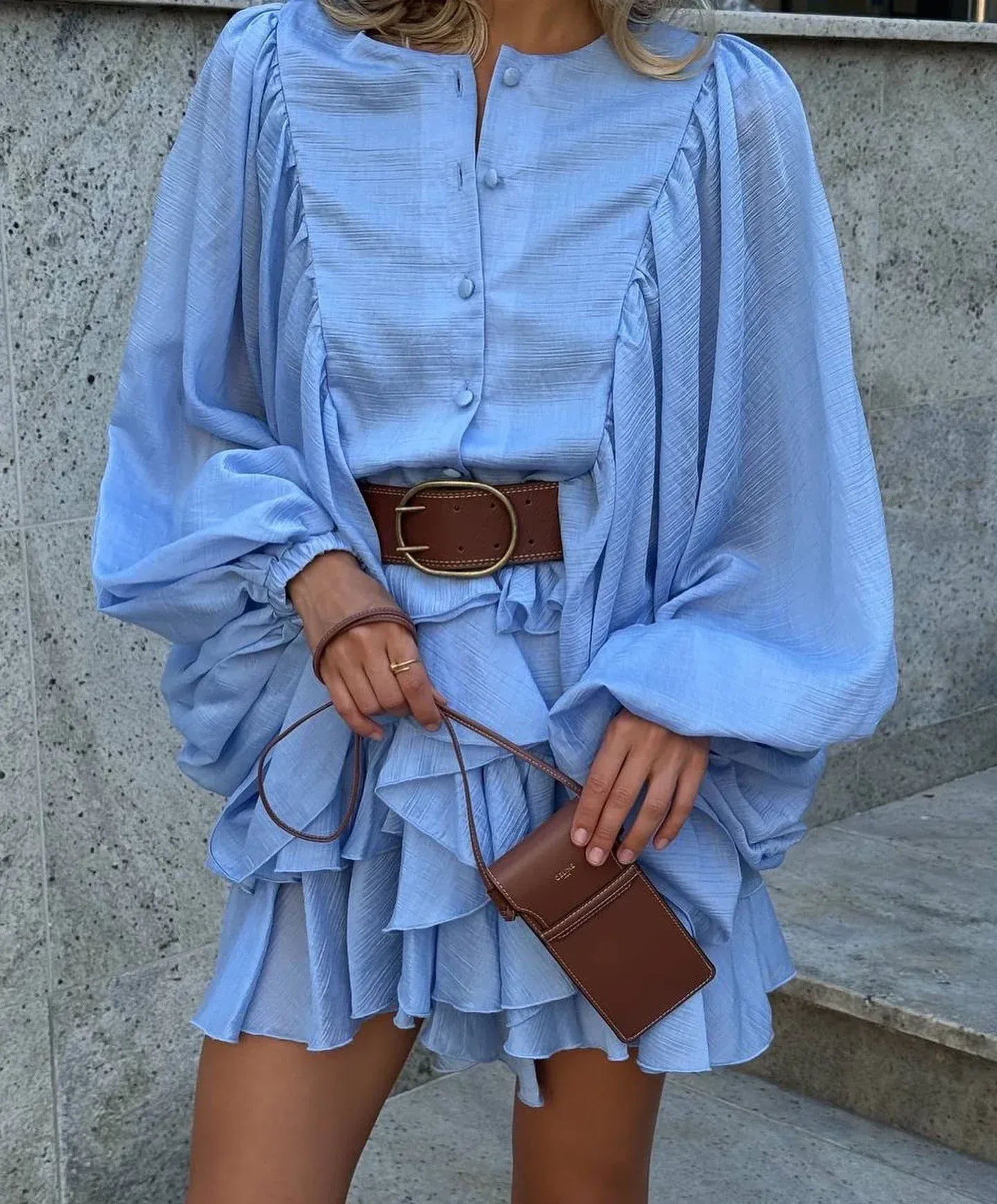 FSMG Elegant Lantern Sleeve Ruffle Edge Mini Dress Casual O Neck Pleated Single Breasted Loose Short Skirt Holiday Banquet Dress - SN Wigs & More