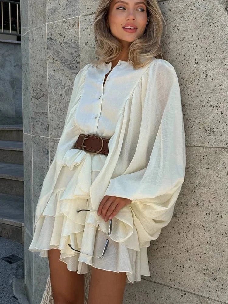 FSMG Elegant Lantern Sleeve Ruffle Edge Mini Dress Casual O Neck Pleated Single Breasted Loose Short Skirt Holiday Banquet Dress - SN Wigs & More