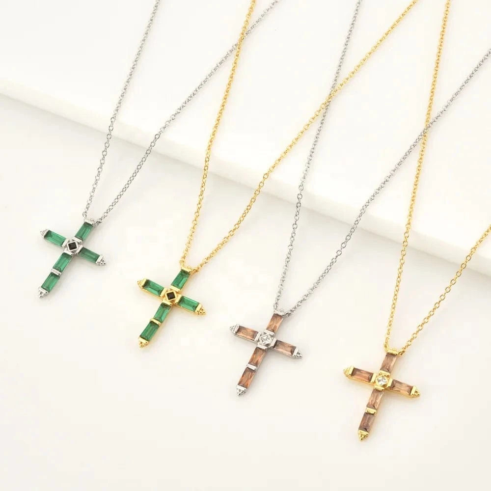 FUAMAY Silver 925 Cross Necklace  Green Emerald Baguette Stone Cross Statement Necklace Chunky