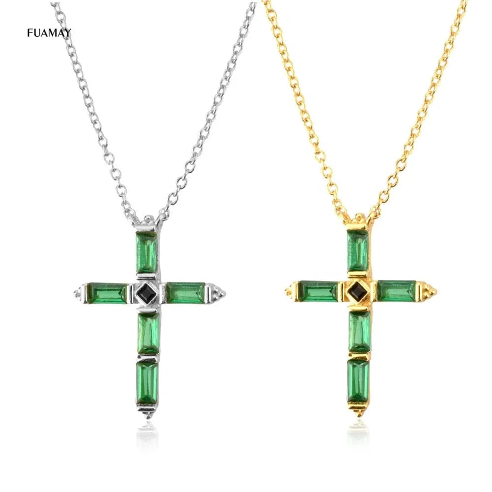 FUAMAY Silver 925 Cross Necklace  Green Emerald Baguette Stone Cross Statement Necklace Chunky