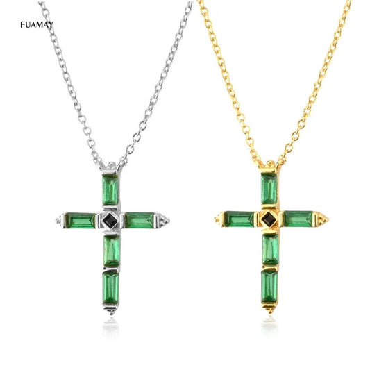 FUAMAY Silver 925 Cross Necklace  Green Emerald Baguette Stone Cross Statement Necklace Chunky