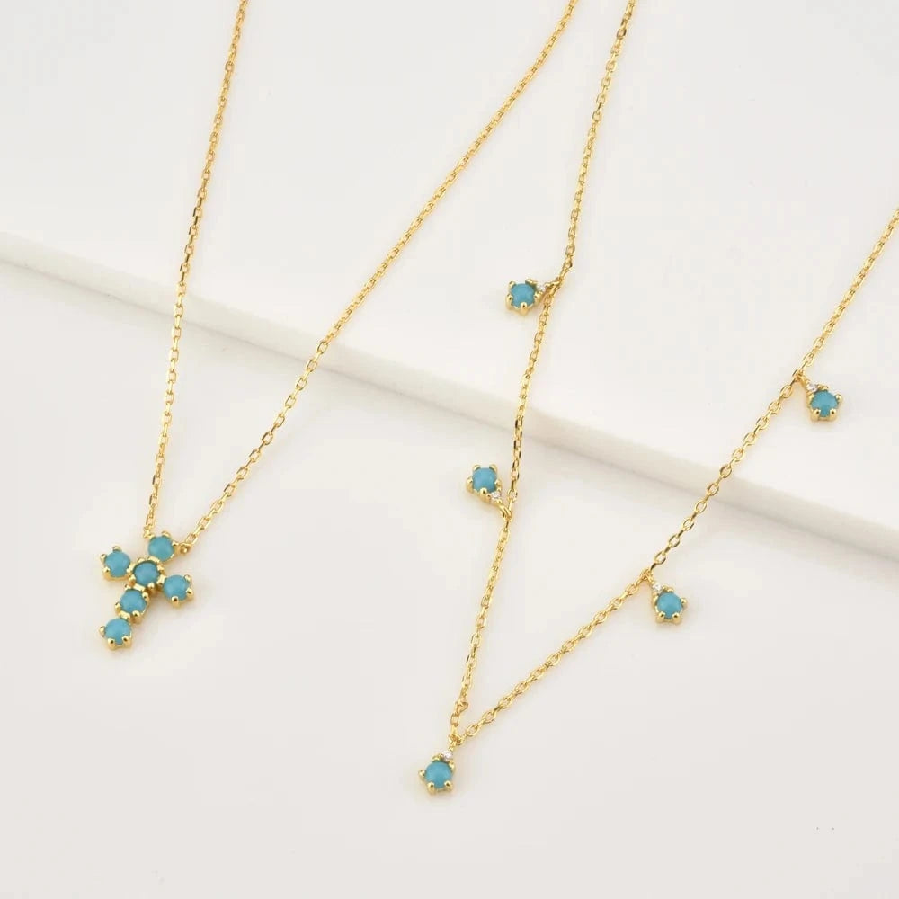 FUAMAY Western Turquoise Jewelry Sets Natural Blue Turquoise Stone Cross Statement Necklace Earrings Rings