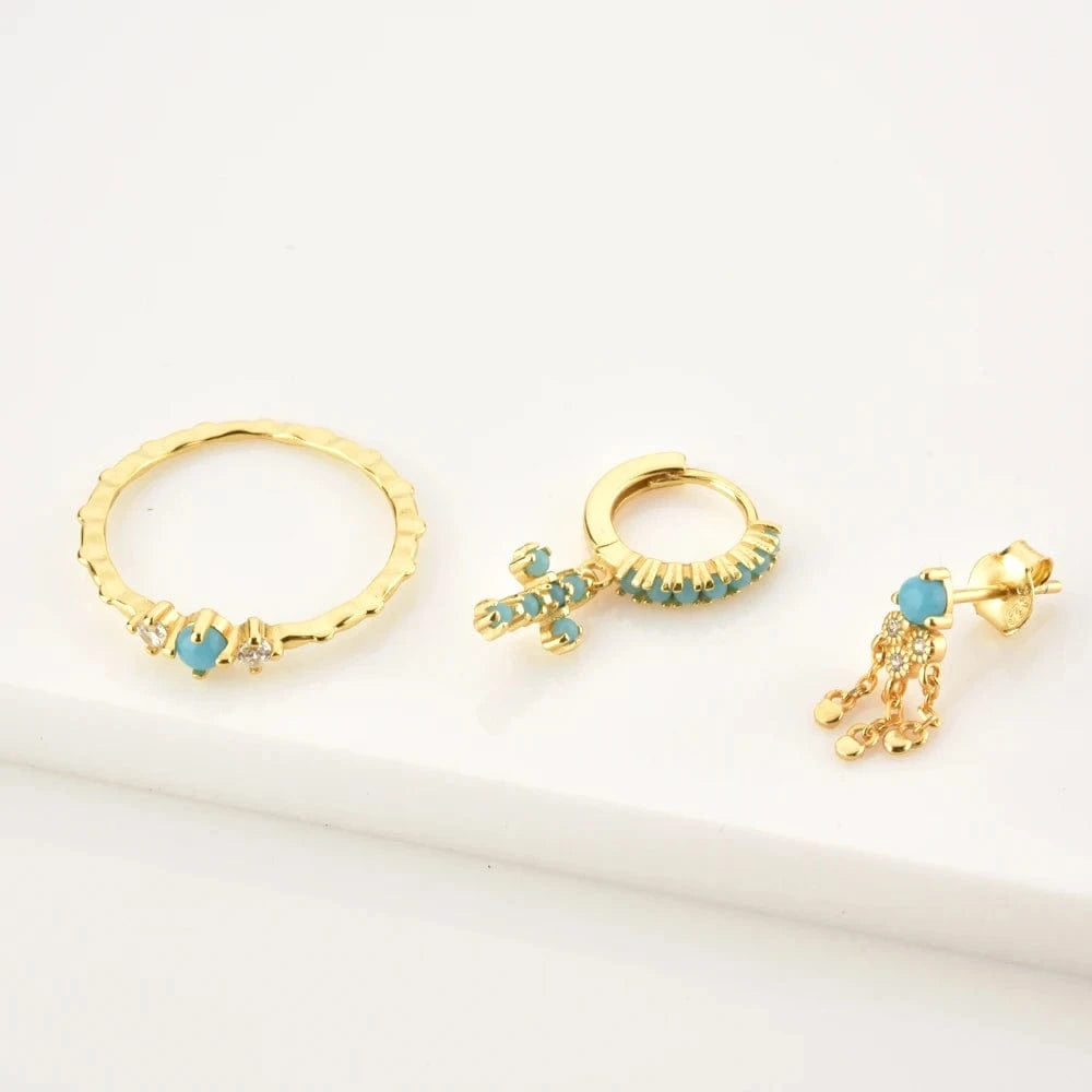 FUAMAY Western Turquoise Jewelry Sets Natural Blue Turquoise Stone Cross Statement Necklace Earrings Rings