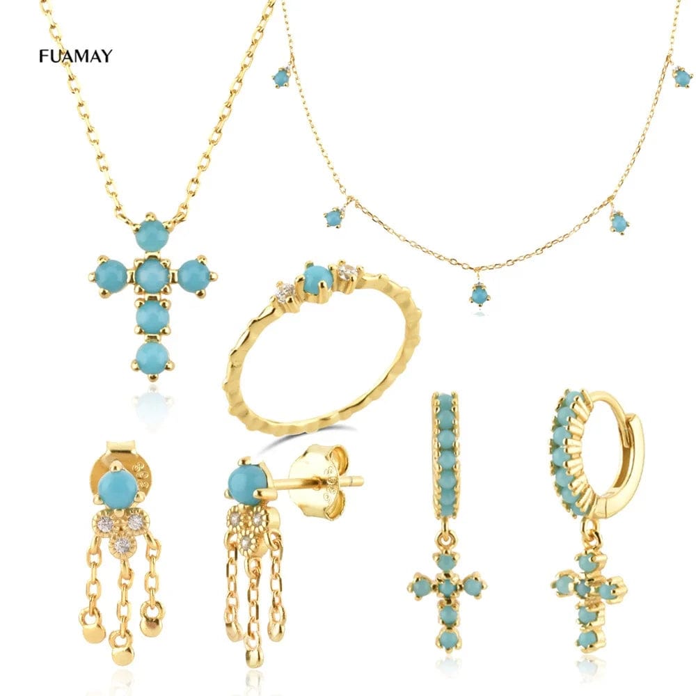 FUAMAY Western Turquoise Jewelry Sets Natural Blue Turquoise Stone Cross Statement Necklace Earrings Rings