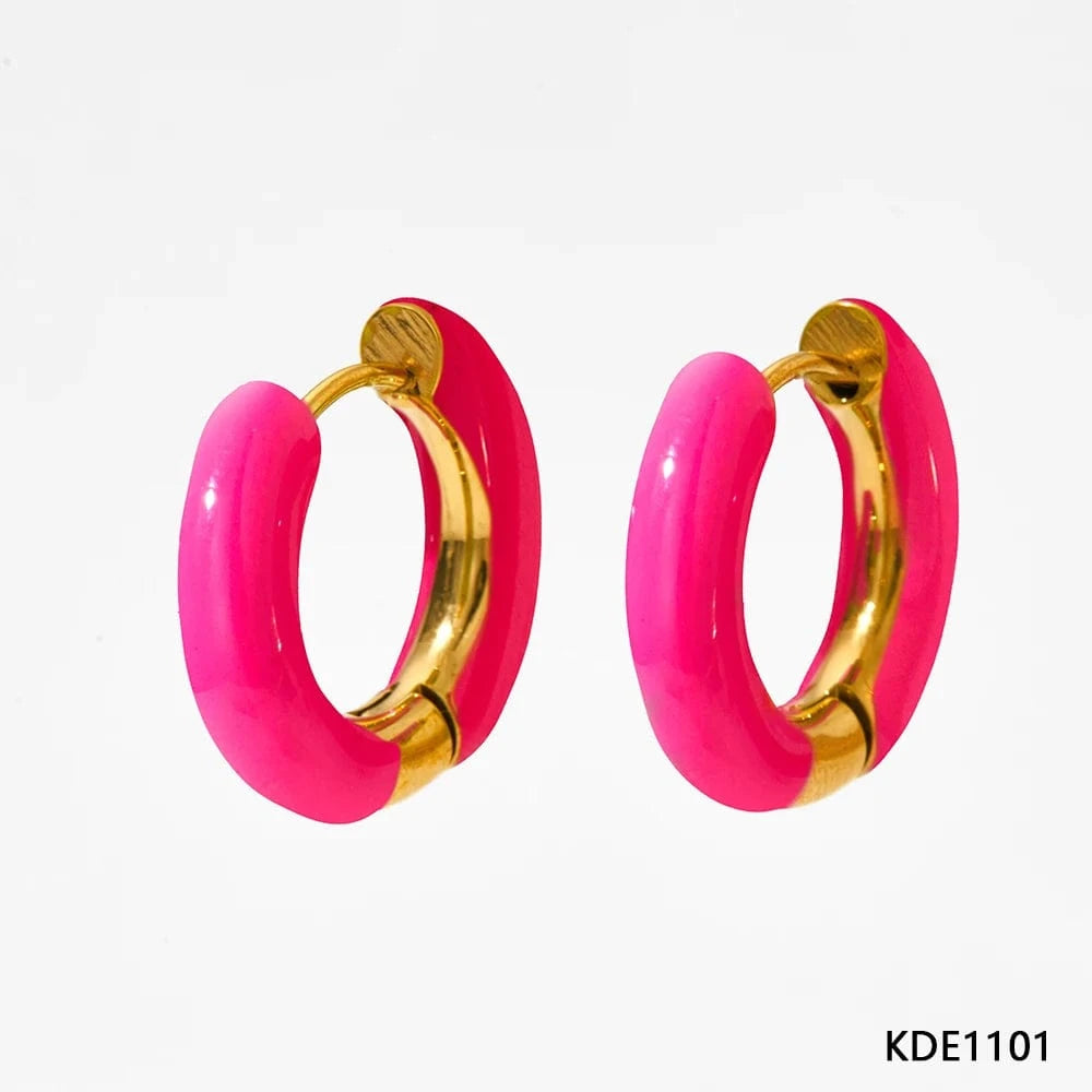 Fuchsia(D1101) Wholesale Colorful Enamel Huggie Earrings Hypoallergenic Circle Ear Cuff Gold Plated Stainless Steel Enamel Hoop Earrings