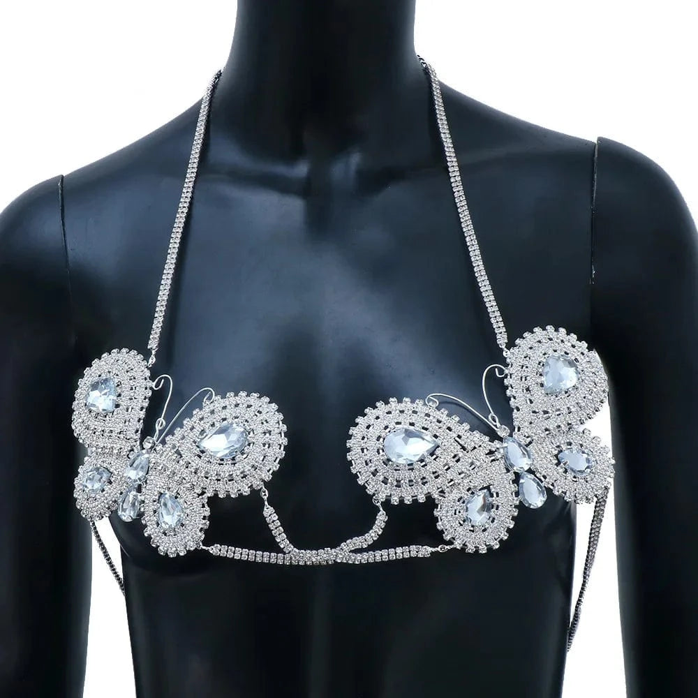 Full Diamond Butterfly Chest Chain Sexy Body Chain Crystal Big Butterfly Body Jewelry for Women