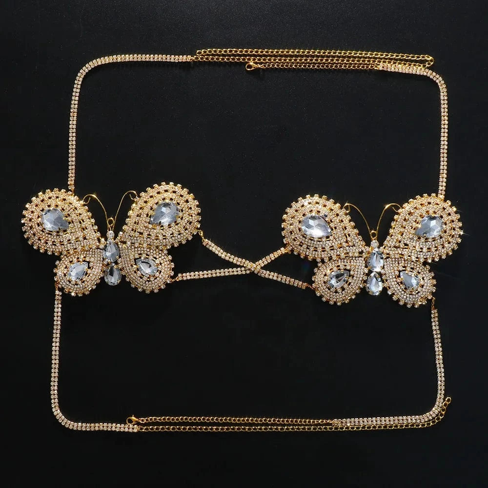 Full Diamond Butterfly Chest Chain Sexy Body Chain Crystal Big Butterfly Body Jewelry for Women