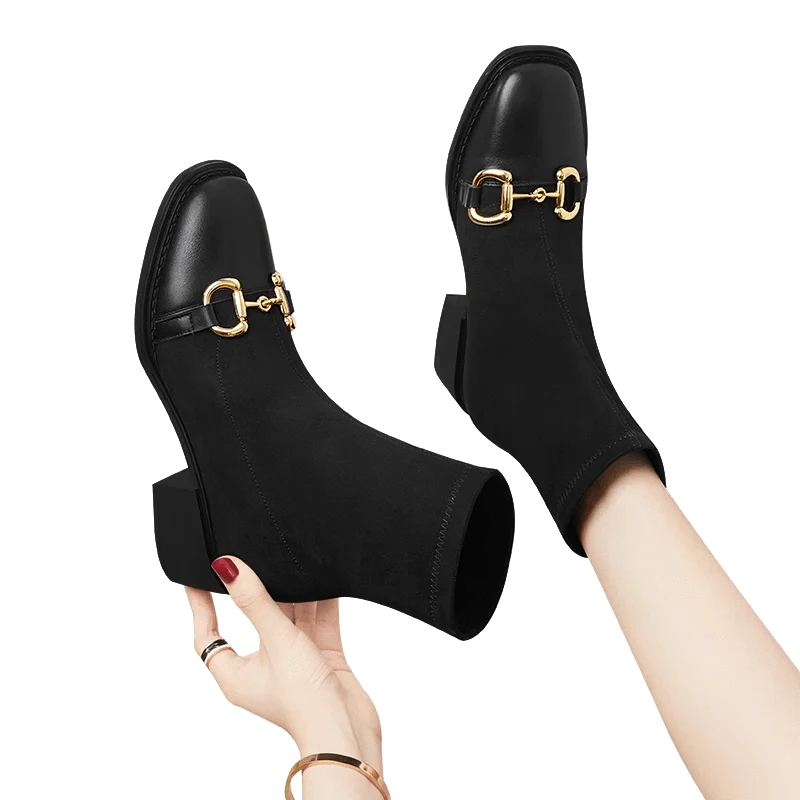 full grain cow genuine leather Square toe socks boots with square heels women boots