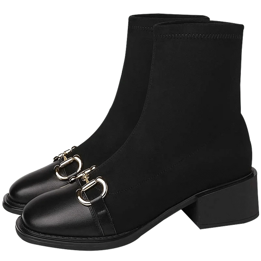 full grain cow genuine leather Square toe socks boots with square heels women boots