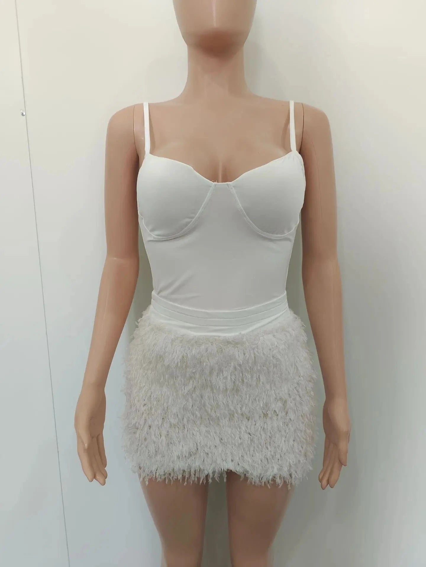 Furry Skirt Sets with Bodysuit Top Women 2 Piece Outfits 2023 Feather Mini Skirt Sexy 2 Pieces Set Street Women Suit Set Skirt