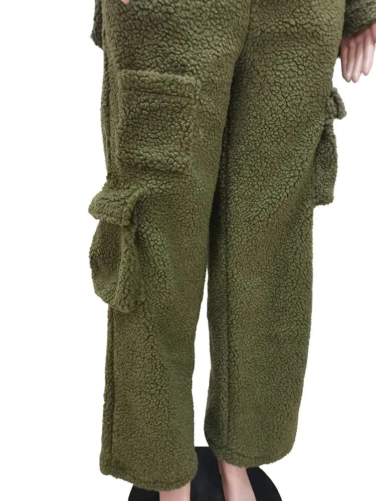 Fuzzy Lounge Wear Set Warm Thick Fleece Jogger Set Women Woman Winter Fleece Sweat Suit Female Cargo Pants Sets