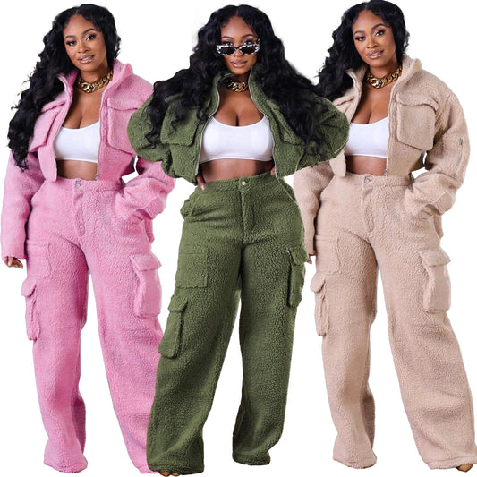 Fuzzy Lounge Wear Set Warm Thick Fleece Jogger Set Women Woman Winter Fleece Sweat Suit Female Cargo Pants Sets
