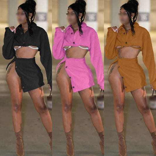 G0635 2024 Fleece Crop Top Two Piece Set Fall Women's Clothing Turndown Collar Tops And Split Skirt Set