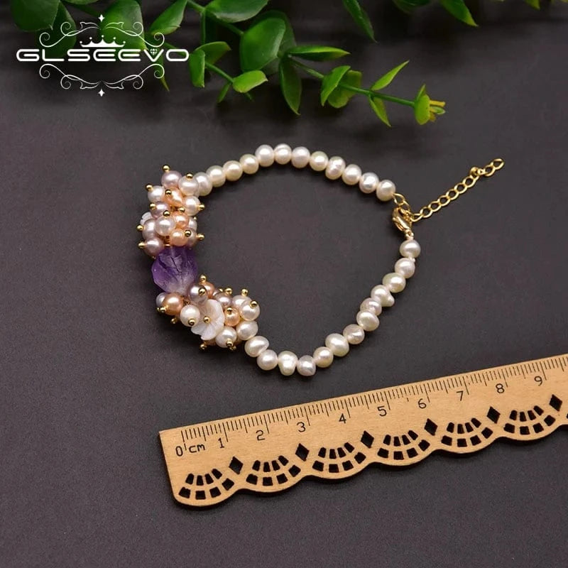 GB0953 Natural Freshwater White Pearl Bracelet For Woman Birthday Natural Shell Flower Purple Crystal Handmade Jewelry