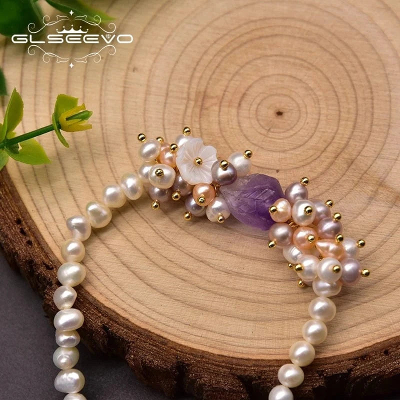 GB0953 Natural Freshwater White Pearl Bracelet For Woman Birthday Natural Shell Flower Purple Crystal Handmade Jewelry
