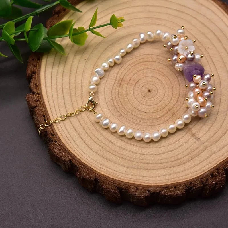 GB0953 Natural Freshwater White Pearl Bracelet For Woman Birthday Natural Shell Flower Purple Crystal Handmade Jewelry