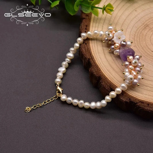 GB0953 Natural Freshwater White Pearl Bracelet For Woman Birthday Natural Shell Flower Purple Crystal Handmade Jewelry