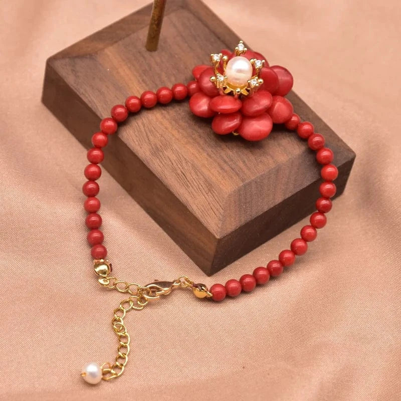 GB0958 Red Coral Natural Pearls Fashion Accessories Set Fine Woman Ring Earrings Necklace Luxury Customized Jewelry Wedding