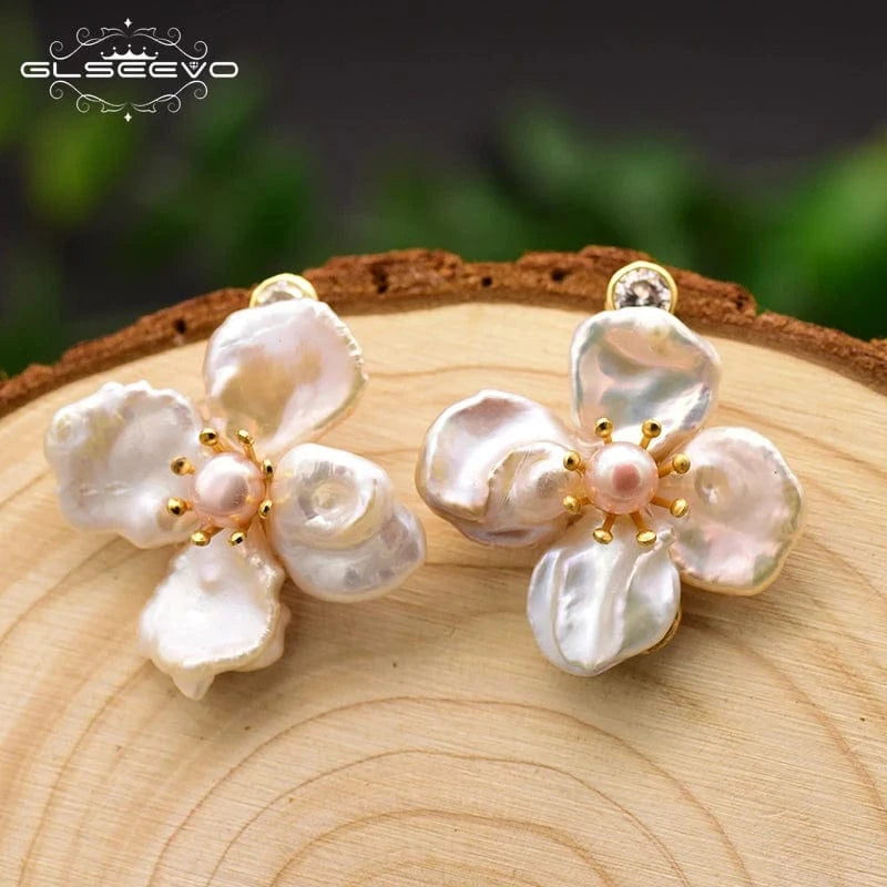 GE0712 Natural Baroque Pearl Flower Stud Earrings 925 Sterling Silver Stud Earring For Women Handmade Jewelry  earrings bulk