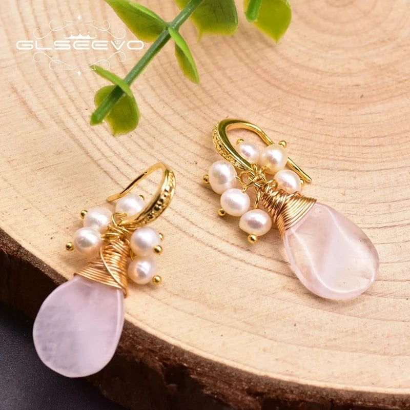 GE0929A Natural Pink Crystal Fresh Water Pearl Earrings For Women Girl Cute Jewelry For Wedding Drop Earrings  earrings bulk