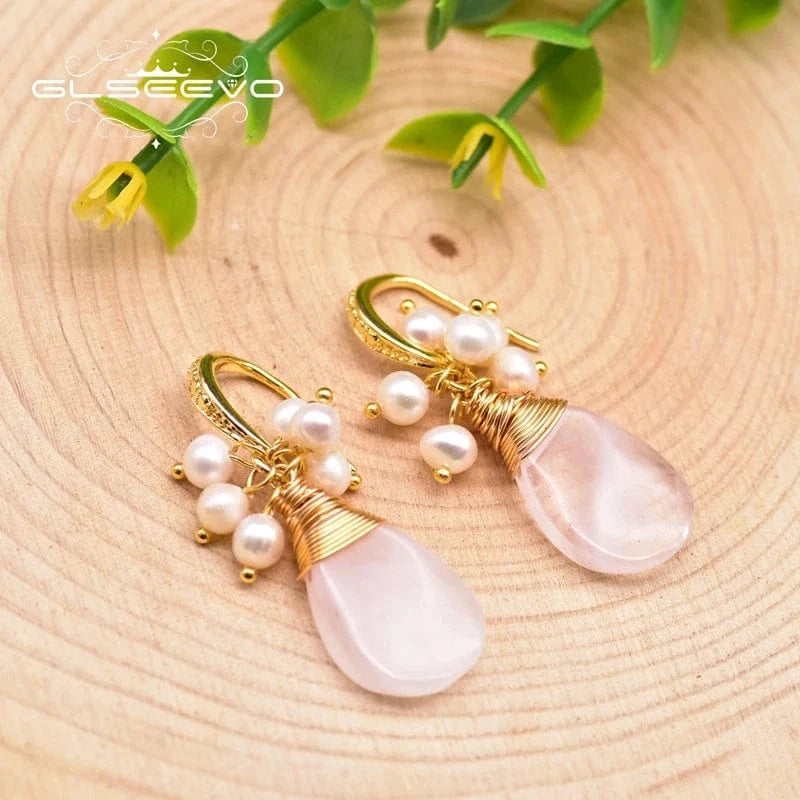 GE0929A Natural Pink Crystal Fresh Water Pearl Earrings For Women Girl Cute Jewelry For Wedding Drop Earrings  earrings bulk