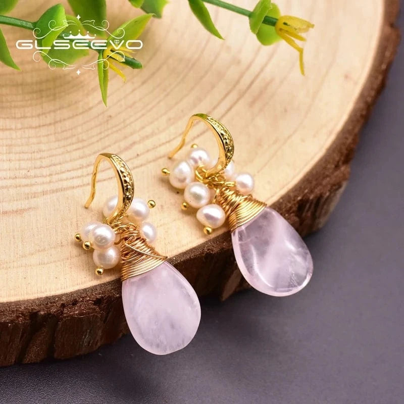 GE0929A Natural Pink Crystal Fresh Water Pearl Earrings For Women Girl Cute Jewelry For Wedding Drop Earrings  earrings bulk