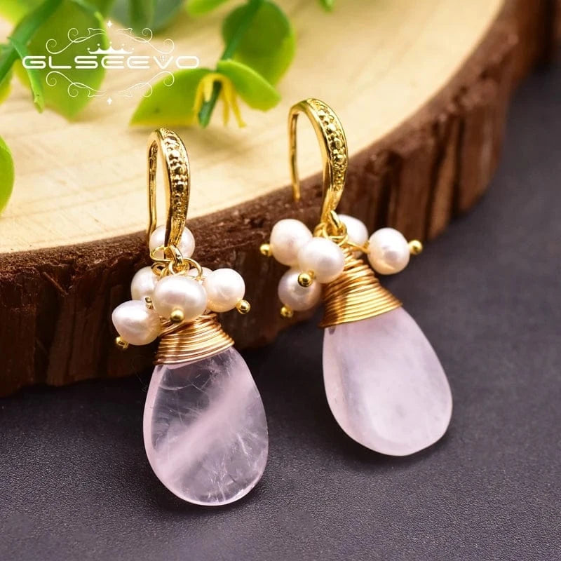 GE0929A Natural Pink Crystal Fresh Water Pearl Earrings For Women Girl Cute Jewelry For Wedding Drop Earrings  earrings bulk