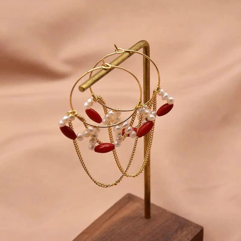 GE1010B Red Coral Natural Pearls Fashion Accessories Set Fine Woman Ring Earrings Necklace Luxury Customized Jewelry Wedding