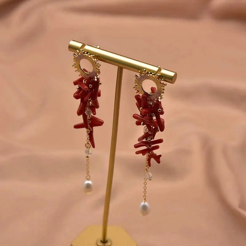 GE1012B Red Coral Natural Pearls Fashion Accessories Set Fine Woman Ring Earrings Necklace Luxury Customized Jewelry Wedding