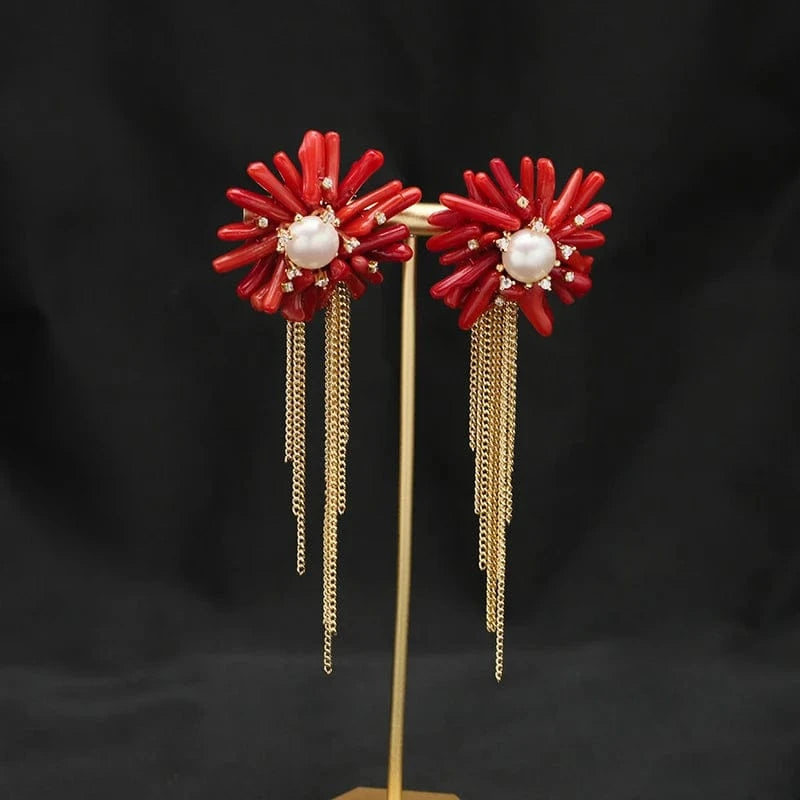 GE1261 Red Coral Natural Pearls Fashion Accessories Set Fine Woman Ring Earrings Necklace Luxury Customized Jewelry Wedding