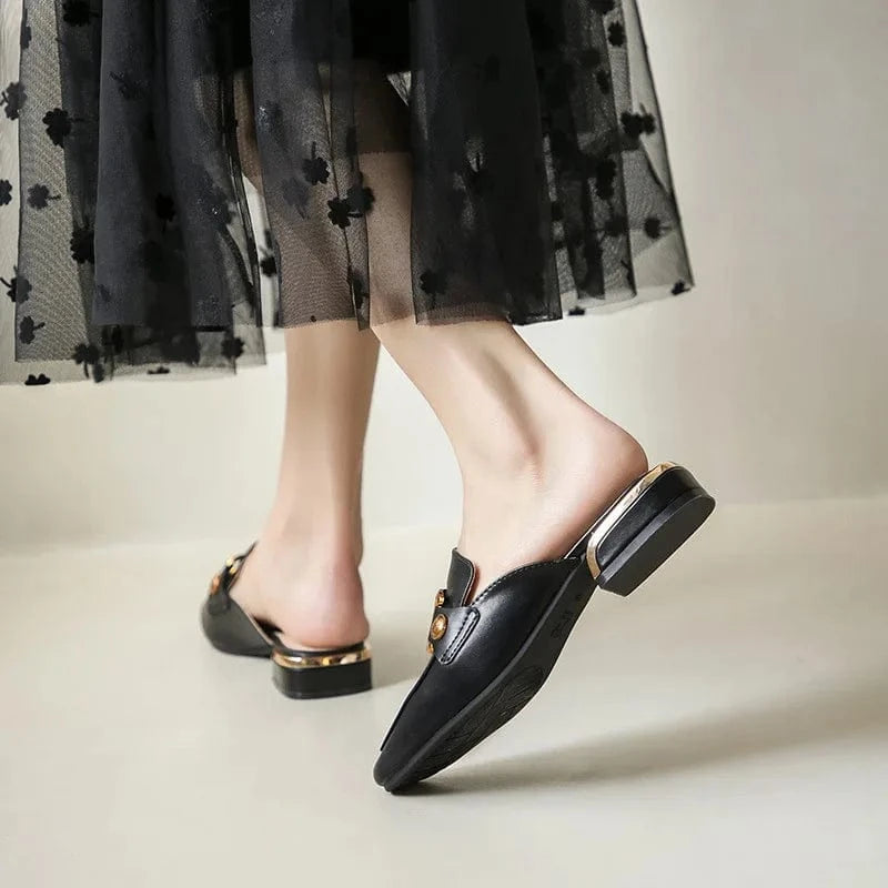 Genuine Leather Mule Shoes Square-toe Buckle Women Block Heel Outside Sandal Slippers