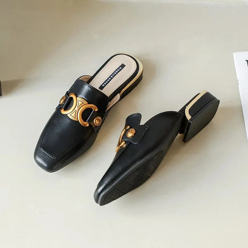 Genuine Leather Mule Shoes Square-toe Buckle Women Block Heel Outside Sandal Slippers