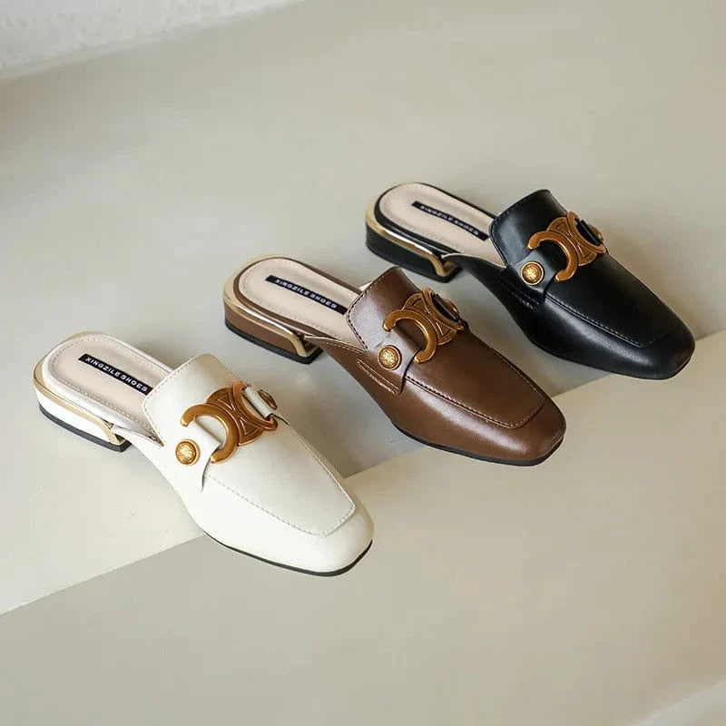 Genuine Leather Mule Shoes Square-toe Buckle Women Block Heel Outside Sandal Slippers
