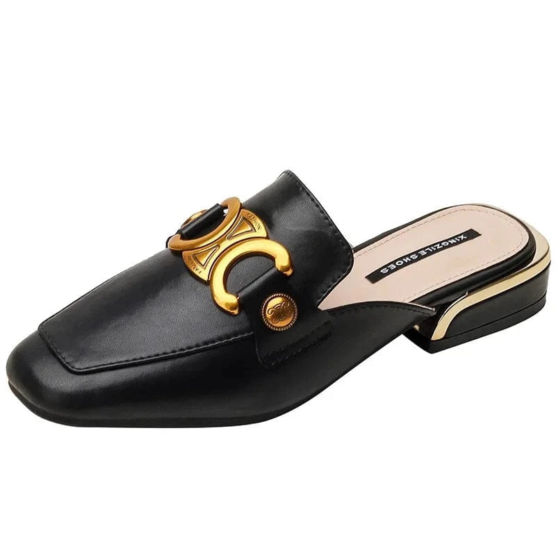 Genuine Leather Mule Shoes Square-toe Buckle Women Block Heel Outside Sandal Slippers