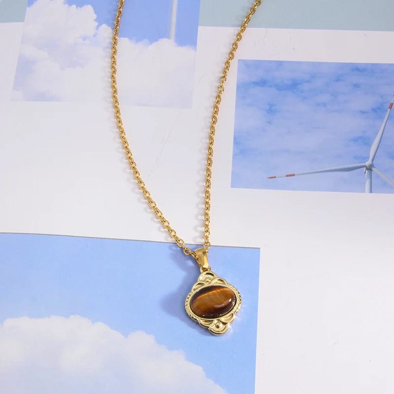 geometric / 04 Non Tarnish Women Jewelry Gemstone Choker 18k Gold Plated Clavicle Chain Stainless Steel Fashion Natural Stone Pendant Necklace