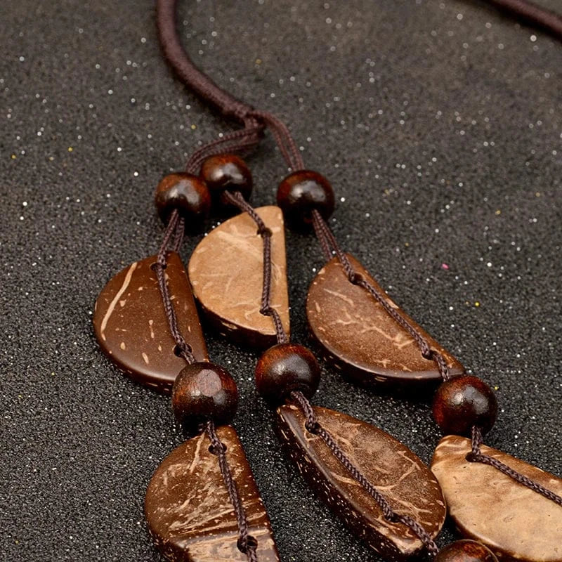 Geometric Coconut shell Necklaces for Women Wood Beads Bohemian Ethnic Jewelry Handmade  Long Statement Necklace