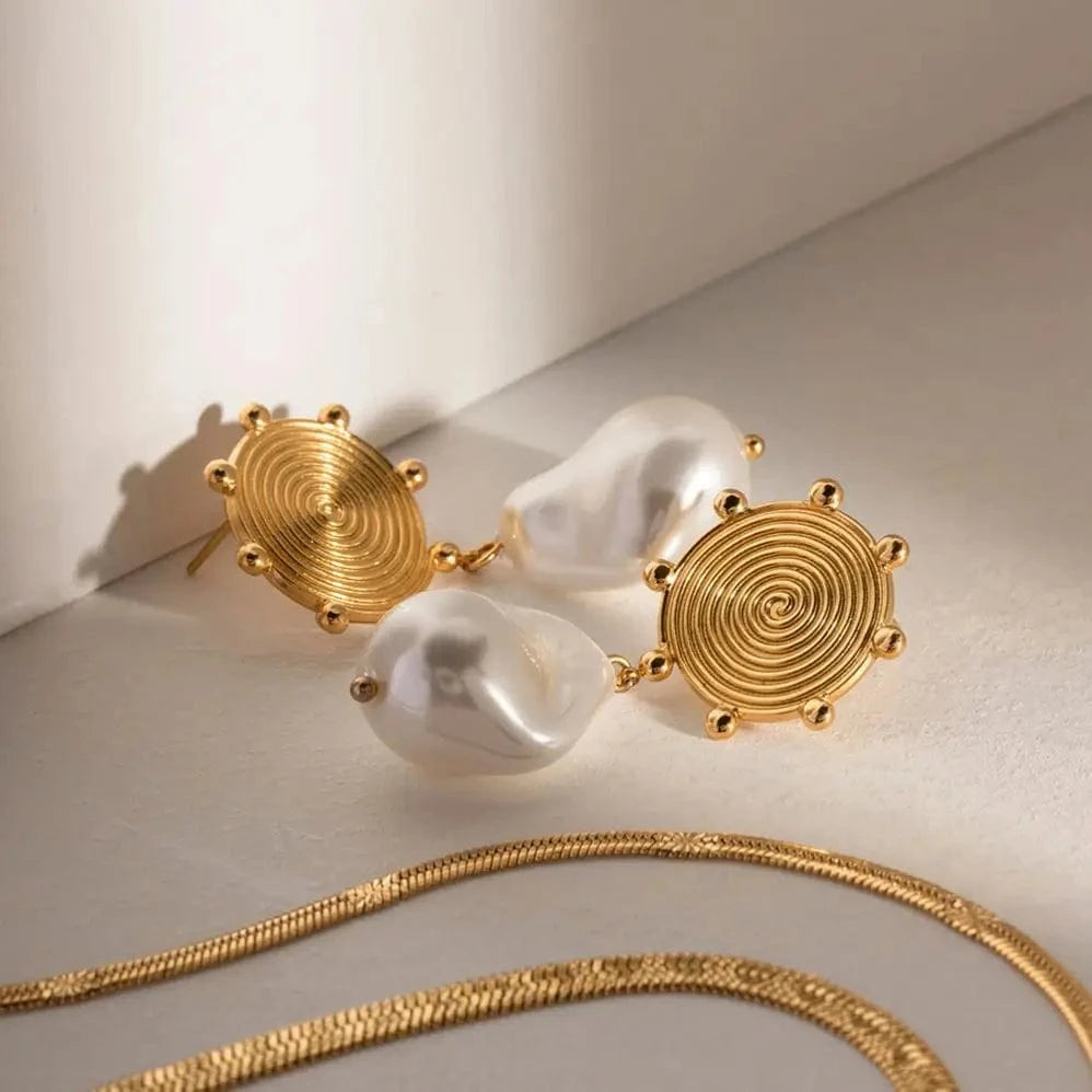 geometric / E2006 E2006 Jewelry Stainless Steel Female Mosquito Texture Spiral Disk Baroque Pearl Drop Earring for Girls