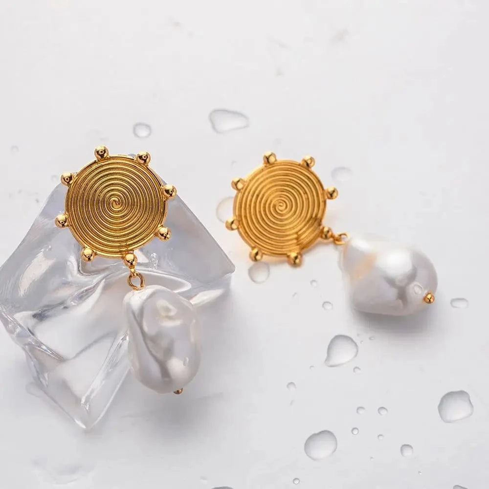 geometric / E2006 E2006 Jewelry Stainless Steel Female Mosquito Texture Spiral Disk Baroque Pearl Drop Earring for Girls