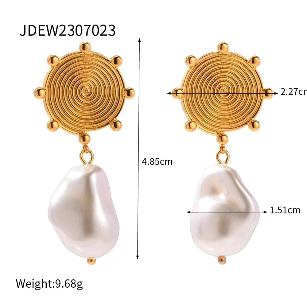 geometric / E2006 E2006 Jewelry Stainless Steel Female Mosquito Texture Spiral Disk Baroque Pearl Drop Earring for Girls