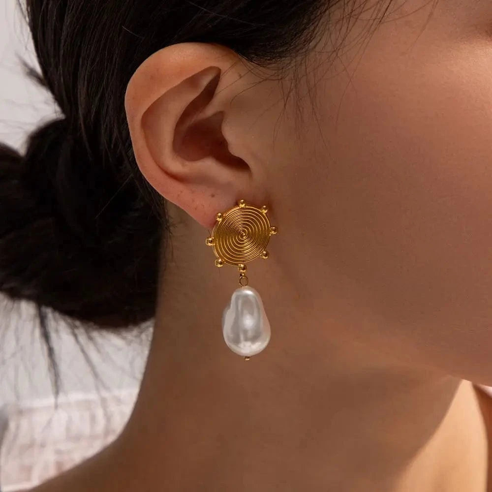 geometric / E2006 E2006 Jewelry Stainless Steel Female Mosquito Texture Spiral Disk Baroque Pearl Drop Earring for Girls