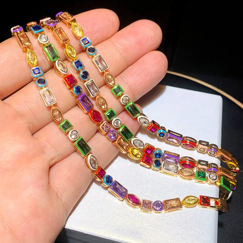 Geometric Multi Shape Colorful Enamel Crystal Diamond Bracelet 5A CZ Round Square Horse Eye Rectangle Rainbow Women Jewelry