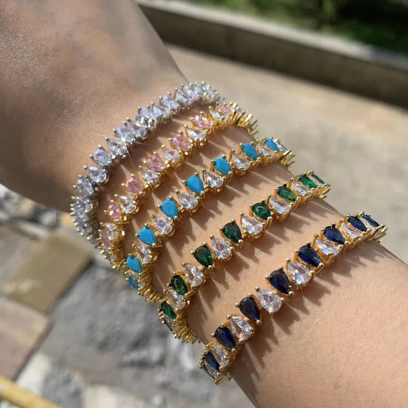 Geometric Water Drop Shaped Colorful CZ Tennis Chain Bracelet Bangle Luxury Engagement Women Jewelry