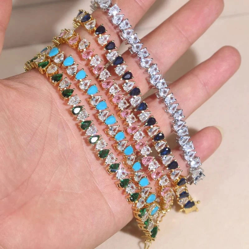 Geometric Water Drop Shaped Colorful CZ Tennis Chain Bracelet Bangle Luxury Engagement Women Jewelry