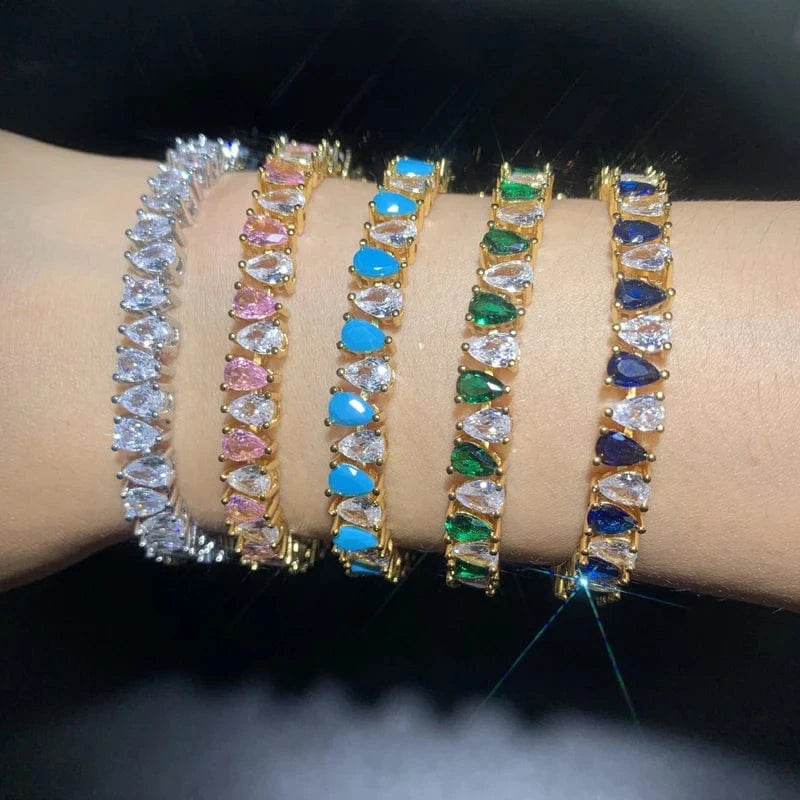 Geometric Water Drop Shaped Colorful CZ Tennis Chain Bracelet Bangle Luxury Engagement Women Jewelry